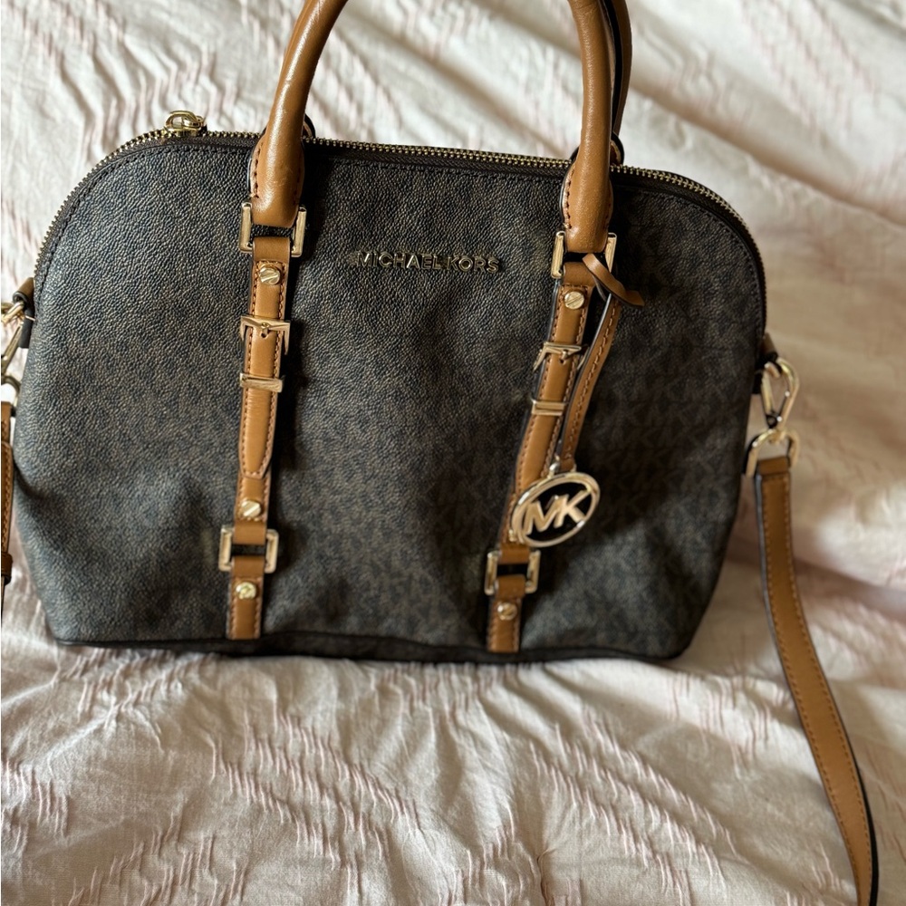 Michael Kors Brown Logo Satchel with Tan Trim